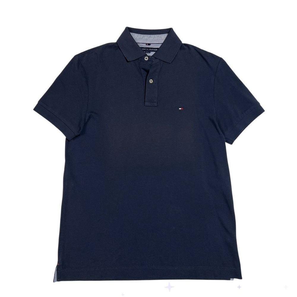 Tommy Hilfiger Custom Fit Blue Polo Shirt Classic Design Waffle Weave